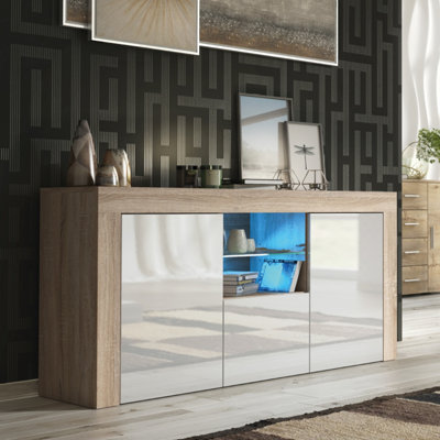 Creative Furniture Aurora Sideboard 145Cm Oak & With High Gloss Doors And Led Lighting White