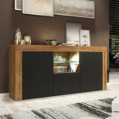 B&Q - Aurora Sideboard 145Cm Oak & Black Matt Doors And Led LightingCreative Furniture