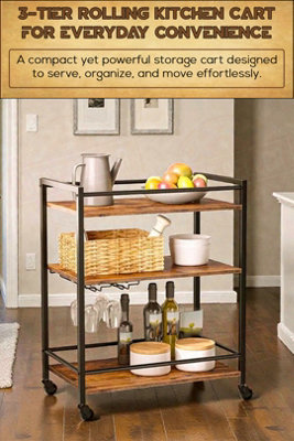 Hygrad Built to Survive Kitchen Cart 3 Tier Rolling Industrial Design Rustic Look Wooden Kitchen Food Serving Cart Trolley With Wheels & Glass Hooks from B&Q