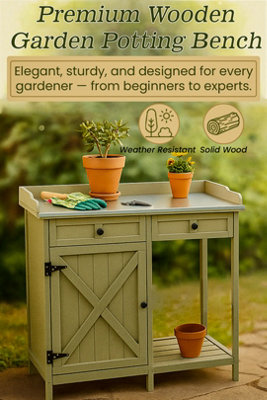 B&Q -  Potting Bench Table Wooden Planting Bench Table With Cabinet And Drawers Metal Surface Work Station With Hooks And Shelf