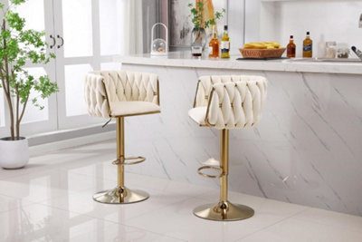 Hygrad Built to Survive Set Of 2 X Velvet Woven Upholstered Adjustable High Swivel Breakfast Bar Pub Home Stool Chair With Gold Metal Base & Gas Lift from B&Q