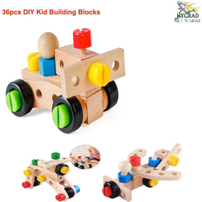 HYGRAD BUILT TO SURVIVE 36Pcs Diy Wooden Construction Building Blocks Toy Educational Creative Playset For Kids, Stem Learning, Safe & Eco-Friendly Wood