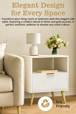 Hygrad Built to Survive Free Standing White Wooden Chic Modern Bedside Sofa End Table Nightstand With Metal Golden Legs For Bedroom Living Room from B&Q