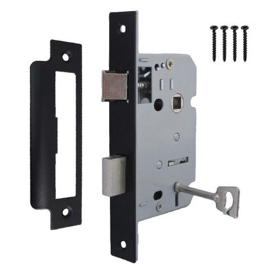 B&Q -  3 Lever Mortice Matt Black Sash Lock Key 2.5" 64mm Bolt Through Reversable Bathroom Handle Locks