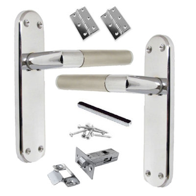 Door Handles Mitred Straight Lever Latch & Hinges DuoChrome Satin