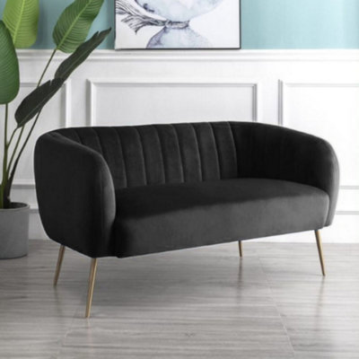 Matilda 137Cm Wide Black Ruched Back Velvet 2 Seat Sofa With Brass Coloured Steel Legs from B&Q