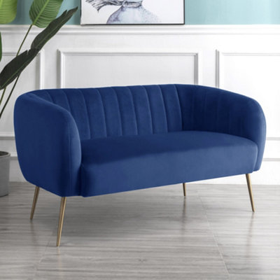 Matilda 137Cm Wide Dark Blue Ruched Back Velvet 2 Seat Sofa With Brass Coloured Steel Legs from B&Q
