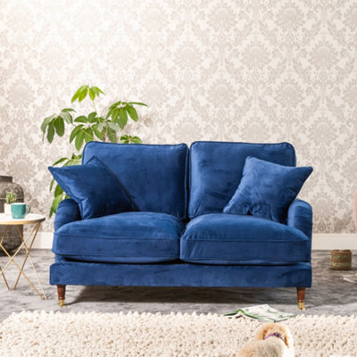 Mackenzie 150Cm Wide Marine Blue 2 Seat Velvet Fabric Sofa With Brass Coloured Wheel Tipped Walnut Coloured Wooden Legs from B&Q