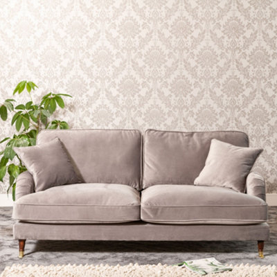  - Mackenzie 188Cm Wide Grey 3 Seat Velvet Fabric Sofa With Brass Coloured Wheel Tipped Walnut Coloured Wooden Legs