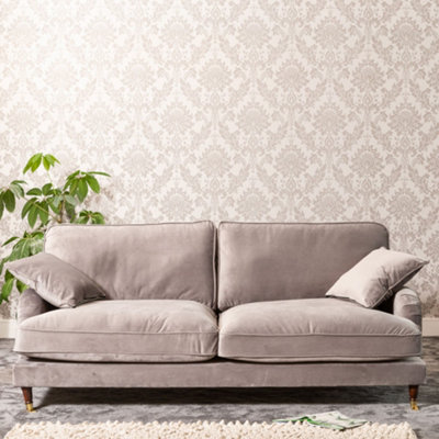 Mackenzie 207Cm Wide Grey 4 Seat Velvet Fabric Sofa With Brass Coloured Wheel Tipped Walnut Coloured Wooden Legs from B&Q