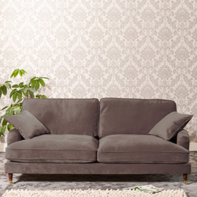 Mackenzie 207Cm Wide Mole Taupe 4 Seat Velvet Fabric Sofa With Brass Coloured Wheel Tipped Walnut Coloured Wooden Legs from B&Q