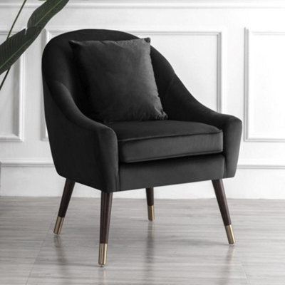 Octavia 74Cm Wide Pillow Back Black Velvet Fabric Accent Chair With Steel Tipped Walnut Colour Wooden Legs from B&Q