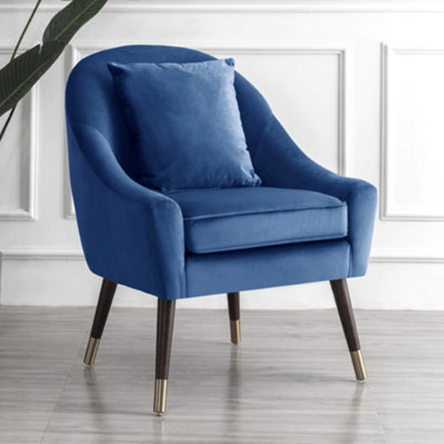 Octavia 74Cm Wide Pillow Back Blue Velvet Fabric Accent Chair With Steel Tipped Walnut Colour Wooden Legs from B&Q