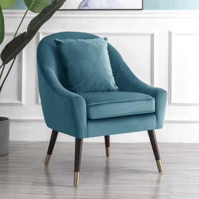 Octavia 74Cm Wide Pillow Back Teal Velvet Fabric Accent Chair With Steel Tipped Walnut Colour Wooden Legs from B&Q