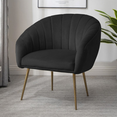 B&Q Helena 74Cm Wide Shell Back Velvet Fabric Accent Chair With Brass Coloured Steel Legs Black