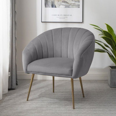 B&Q Helena 74Cm Wide Shell Back Velvet Fabric Accent Chair With Brass Coloured Steel Legs Grey