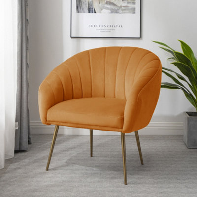B&Q Helena 74Cm Wide Shell Back Velvet Fabric Accent Chair With Brass Coloured Steel Legs Orange