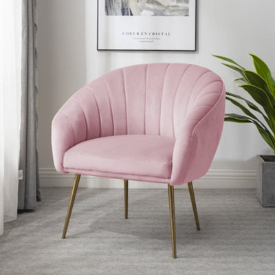 B&Q Pink Helena Wide Shell Back Velvet Fabric Accent Chair With Brass Coloured Steel Legs 74Cm