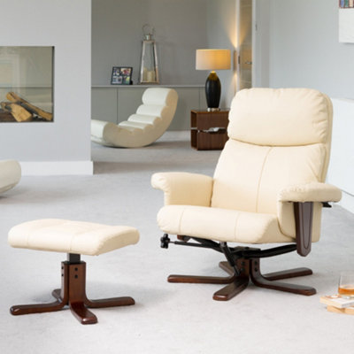 B&Q Woodacre 88Cm Wide Compact Bonded Leather 360 Degree Ergonomic Swivel Base Recliner Massage Heat Chair And Footstool Cream