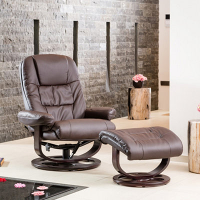 B&Q Burdell 88Cm Wide Bonded Leather 360 Degree Ergonomic Swivel Base Recliner Massage Heat Chair And Footstool Brown