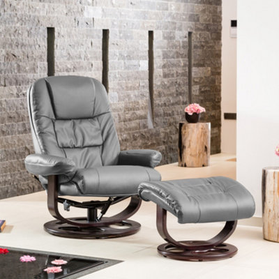 B&Q Burdell 88Cm Wide Bonded Leather 360 Degree Ergonomic Swivel Base Recliner Massage Heat Chair And Footstool Grey