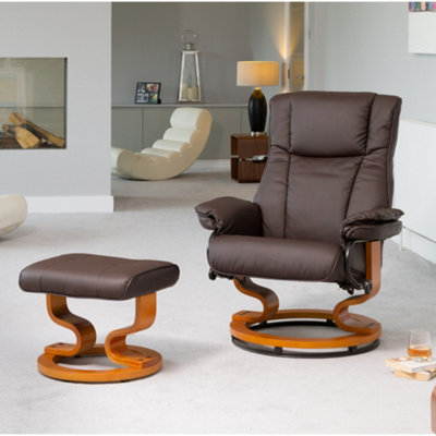 Calhoun 83Cm Wide Brown Bonded Leather 360 Degree Ergonomic Swivel Base Recliner Chair And Footstool from B&Q