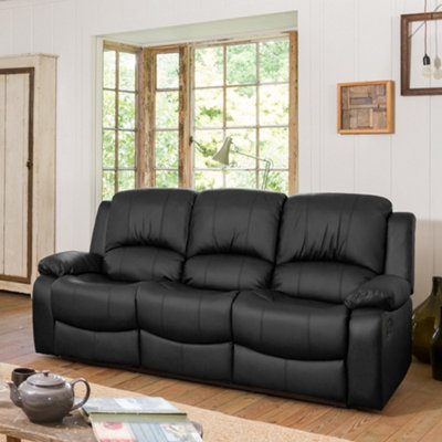 Glendale 201Cm Wide Black Bonded Leather 3 Seat Manually Operated Recliner Sofa from B&Q