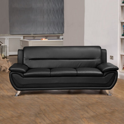  - Dexter 200Cm Wide Contemporary Black Bonded Leather 3 Seat Sofa With Chrome Legs