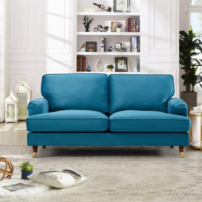 Woodbury 158Cm Wide 2 Seat Teal Velvet Fabric Sofa Walnut Colour Legs With Brass Coloured Wheel from B&Q