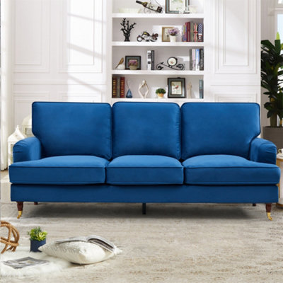 Woodbury 218Cm Wide 3 Seat Blue Velvet Fabric Sofa Walnut Colour Legs With Brass Coloured Wheel from B&Q
