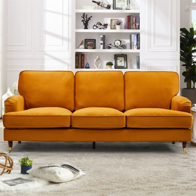 Woodbury 218Cm Wide 3 Seat Orange Velvet Fabric Sofa Walnut Colour Legs With Brass Coloured Wheel from B&Q