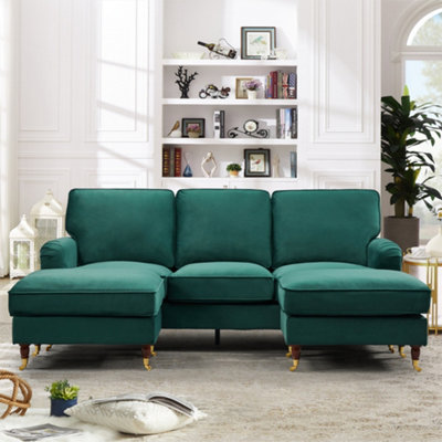 Woodbury 218Cm Wide U-Shaped Green Velvet Fabric Corner Sofa Walnut Colour Legs With Brass Coloured Wheel from B&Q