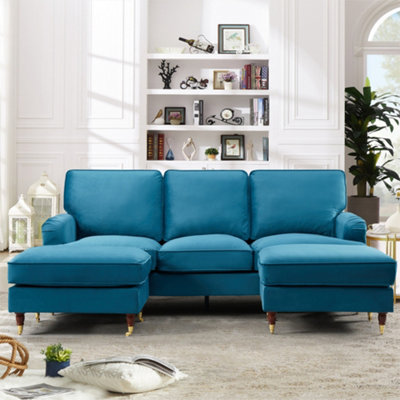 Woodbury 218Cm Wide U-Shaped Teal Velvet Fabric Corner Sofa Walnut Colour Legs With Brass Coloured Wheel from B&Q