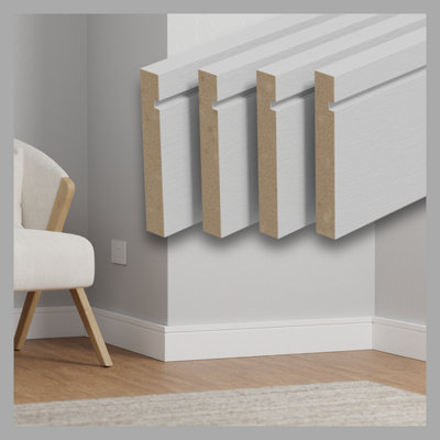  - Single Grooved Mdf Primed Skirting Board 120mm X 18mm X 4.4M Lengths.  (Pack Of 4 Lengths)
