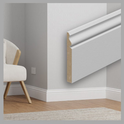  - Primed White Ogee Mdf Skirting Board 120mm X 18mm X 4M Lengths.  Pack Of 4 Lengths