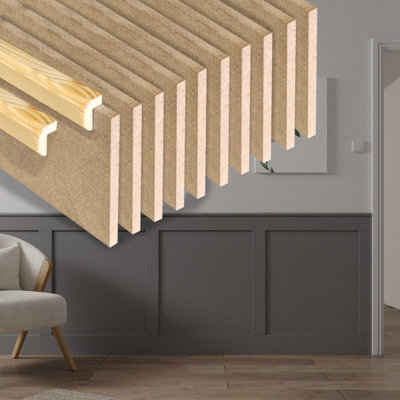 B&Q -  10X 90X6mm 2.4M Long  Wall Panel Strips With 2X Top Trims For Mdf Panelling 6mm