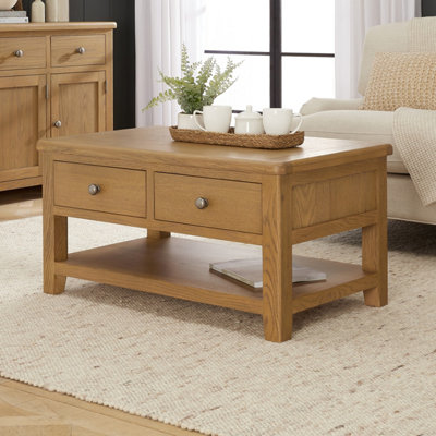 The Furniture Market Cotswold Rustic Smoked Oak 2 Drawer Coffee Table With Shelf from B&Q