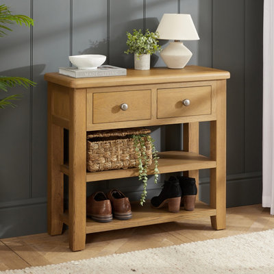 The Furniture Market Cotswold Rustic Smoked Oak Hall TableSolid Oak FrameTwo Drawers With Dovetail JointsTwo Lower Shelves For Storage from B&Q
