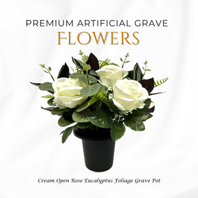  - Premium Artificial Grave FlowersCream Open Roses With Eucalyptus (25Cm) Memorial Vase Pot