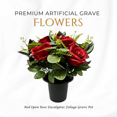  - Premium Artificial Grave FlowersRed Open Roses With Eucalyptus (25Cm) Memorial Vase Pot