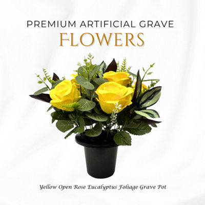  - Premium Artificial Grave FlowersYellow Open Roses With Eucalyptus (25Cm) Memorial Vase Pot