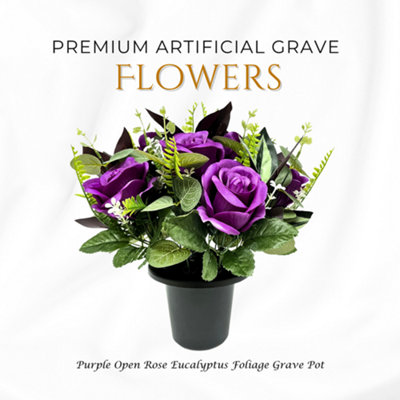  - Premium Artificial Grave FlowersPurple Open Roses With Eucalyptus (25Cm) Memorial Vase Pot