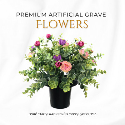  - Premium Artificial Grave FlowersPink Daisies With Ranunculus & Berries (25Cm) Memorial Vase Pot