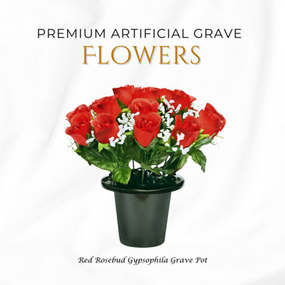Premium Artificial Grave Flowers25Cm Red Rosebud With Gypsophila Memorial Vase Pot from B&Q