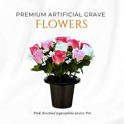 Premium Artificial Grave Flowers25Cm Pink Rosebud With Gypsophila Memorial Vase Pot from B&Q