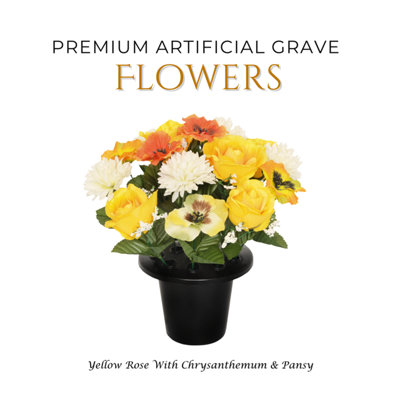 Premium Artificial Grave Flowers25Cm Yellow Rose With Chrysanthemum & Pansy Memorial Vase Pot from B&Q