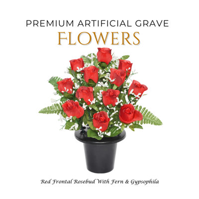 Premium Artificial Grave Flowers29Cm Red Frontal Rosebud With Fern & Gypsophila Memorial Vase Pot from B&Q