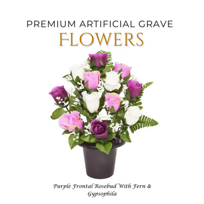 Premium Artificial Grave Flowers29Cm Purple Frontal Rosebud With Fern & Gypsophila Memorial Vase Pot from B&Q