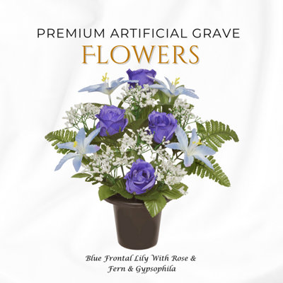 Premium Artificial Grave Flowers29Cm Blue Frontal Lily With Rose & Fern & Gypsophila Memorial Vase Pot from B&Q