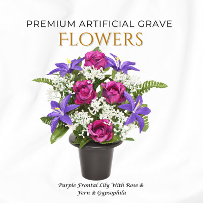 Premium Artificial Grave Flowers29Cm Purple Frontal Lily With Rose & Fern & Gypsophila Memorial Vase Pot from B&Q